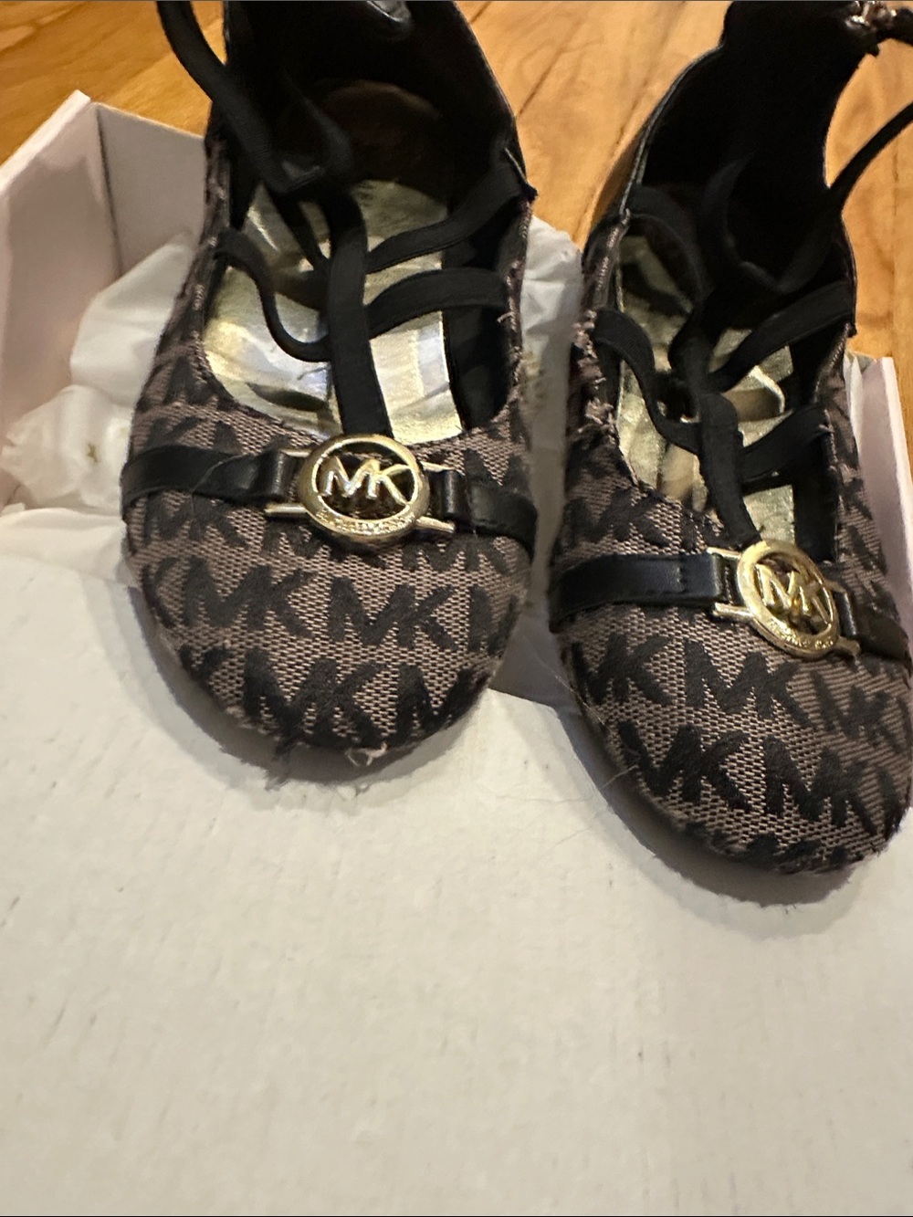 Michael Kors Brown MK Logo Ballet Flats with Gold Emblem